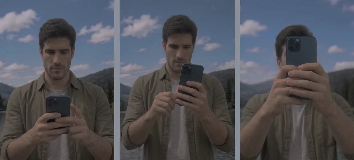 Three photos of an angler setting the hook: phone held low at the waist, rising through the chest, snapped upward to eye level.