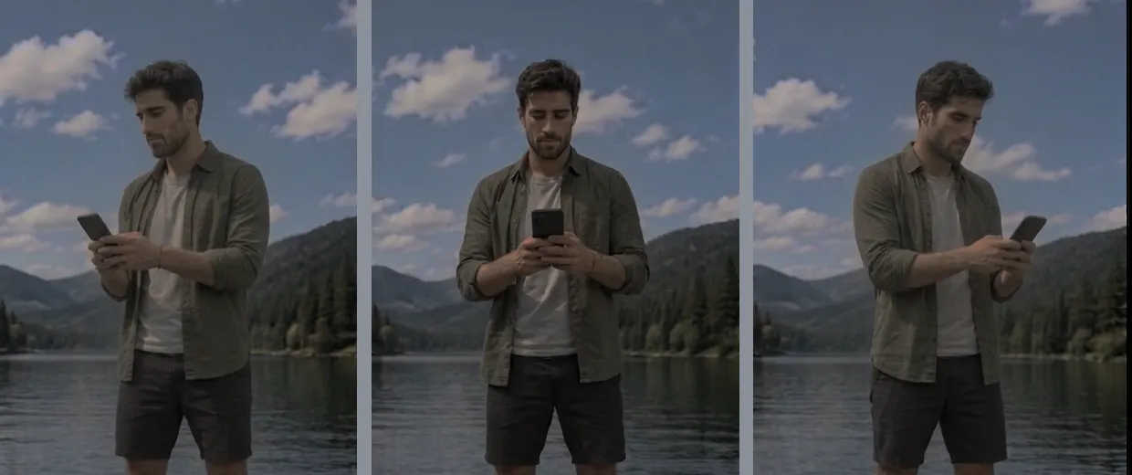 Three photos of an angler reeling with the phone at the chest: turned to the left, held square, turned to the right, following the fish's pull.