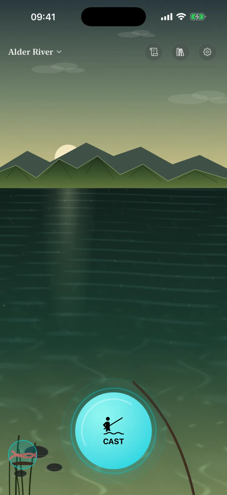 Longcast fishing scene at dawn with a glowing CAST button.