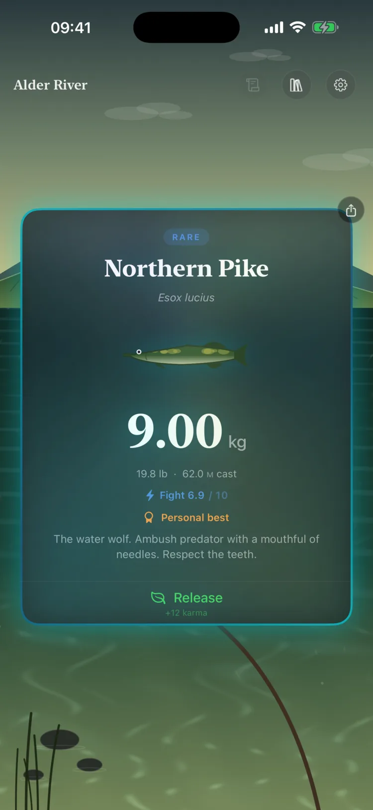 Catch card for a rare Northern Pike, 9 kilograms.