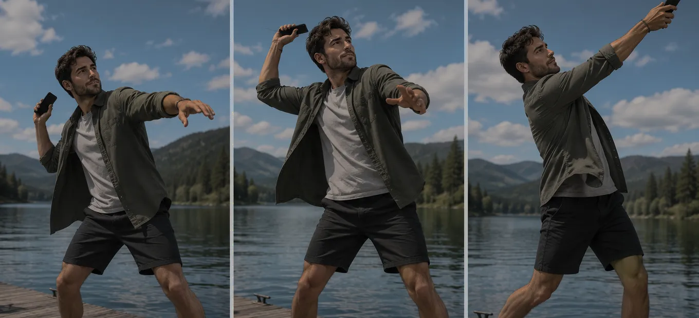 Three photos of an angler swinging a phone like a fishing rod.